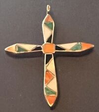 Best Zuni 1940s Channl Inlay Cross Pendant Natl Turquoise, Red Abalone, Jet, MOP picture