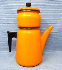 Vintage Enamel French Coffee Pot Aubecq Orange Antique Metal Made in France picture