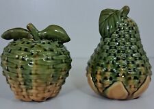 Vtg Ceramic Basket Weave Pattern Pear and Apple MCM Green & Brown Glaze picture