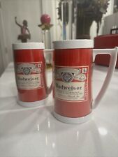 Budweiser Beer 2 Vintage Mug Thermo-Serv Insulated Cup RED Advertising PLASTIC picture