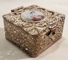 Ring Pill/ Trinket Box Lacey Silver Tone Metal Celluloid Center Hinged Lid Latch picture