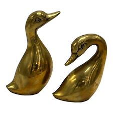 Vintage Pair Brass Ducks Geese Goose Swan Mallard Birds MCM 4” Set Of 2 Farm picture