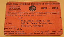 VINTAGE 1963 SOUTH CAROLINA STATE BOARD OF MEDICAL EXAMAINERS MEMBERSHIP CARD picture