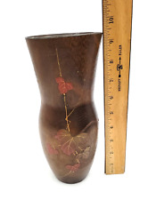 Vtg Kiri Wood IKEBANA Japanese Vase Ovoid Copper Inset Red Gold Leaf Leaves 9.5