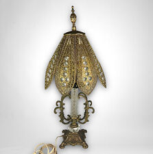 STUNNING Vintage Pierced Brass & Glass Crystal Lamp with Shade Hollywood Regency picture