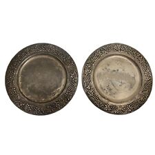 2 Vintage Hand Hammered Brass 12” Circular Serving Tray Grapes & Leaves India picture