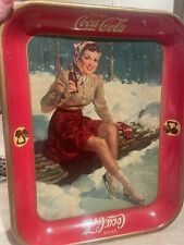 Vintage Antique 1941 COCA COLA  METAL TRAY, YOUNG WOMAN WITH ICE SKATES Winter picture