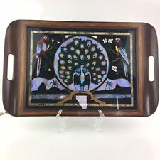 Vintage Rio Brazilian Iridescent Peacock & Parrots  Wooden Inlay Tray Glass Top picture