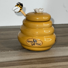 CERAMIC HONEY CONTAINER BEEHIVE MIEL POT WITH WOODEN HONEYBEE SPOON picture