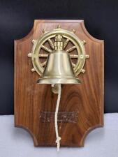 Solid BRASS Ships Bell And Wheel with Rope Nautical On Walnut picture