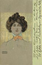 Raphael Kirchner Art Postcard Beautiful Brunette Woman w/ Hair Up & Bow Collar picture