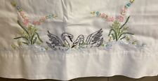 2 Vintage Hand Embroidered White Cotton Standard Pillowcases Swan Floral Pond picture