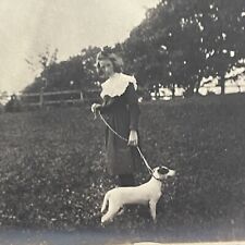 Eerie Creepy Young Lady In Dress With Jack Russell Terrier Dog Vtg Photo picture