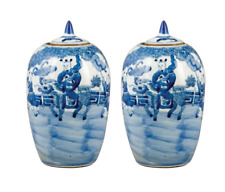 Jar Pair Blue White Ginger Temple Jar Foo Dog Chinoiserie Oriental Ming Style picture