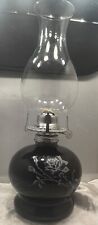 LAMPLIGHT FARMS Black Glass Oil Lamp w Hurricane Silverish-White Roses. 14.5
