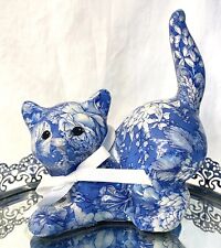 Porcelain Patchworks Blue Floral Chintz Kitten Cat Tail Up 6.5x5”Joan Baker VTG picture