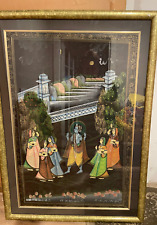 VTG LG Framed -Mughal Hand Painted Silk Art -Procession -Wedding -India 32x23 picture