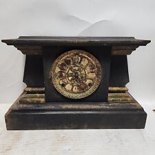 Antique FS Mechanical Windup Spooky Wood Mantle Clock Black Etched Mossy Oak picture