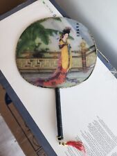 Japanese Vintage Handheld Silk Screen Geisha Fan Bamboo Handle picture