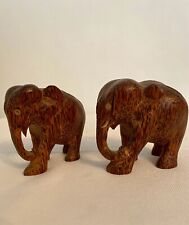 Vintage Hand Carved Wood Elephant Mini Figurines Sculpture Unique 3” Set Of 2 picture