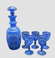 Antique Bohemian Blue Crystal Decanter Bottle & 5 Matching Cordials Circa 1900 picture