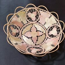 Antique Victorian Woven Wicker Straw Basket Bowl Pink and White picture