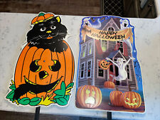 Two 1997 Black Cat Pumpkin & House Halloween Signs Yard Art Impact Plastics 26” picture