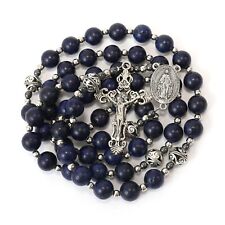 Lapis Lazuli Beads Rosary Necklace Miraculous Medal with Silver Crucifix picture