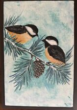 Vintage Hand Painted Birds On Wood Wall Hanging Art Signed 7.5x11x.5” picture