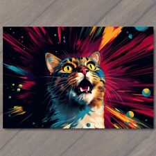 POSTCARD Cat Smiling Happy Retro Pop Art Splash Colors Cute Fun Vibrant Mural picture