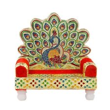 Handcrafted Wooden Laddu Gopal Singhasan Meenakari Peacock Design Divine Pooja picture
