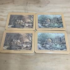 4 Currier & Ives Early Winter & The Old Grist Mill Cork Hot Pad Wall Plaque USA picture