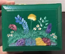 MINI WOODEN BOX vintage Unique trinket  Hand Painted Floral Green, Snap Closure picture