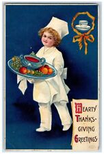 1910 Thanksgiving Greetings Chef Serving Fruits Clapsaddle Embossed Postcard picture