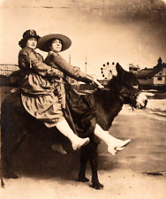 RPPC ULTRA RARE Women On DONKEY Studio Photo LEGS OUT Position ANTIQUE Postcard picture