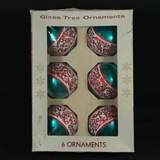 Vintage Shiny Brite Glass Striped Glittered Christmas Tree Ornaments 6pc in BOX picture
