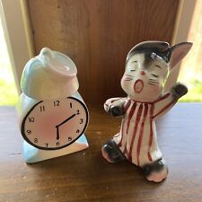 Rare Vintage Sleepy Bunny And Alarm Clock  Salt And Pepper Shakers, RARE 1950’S picture
