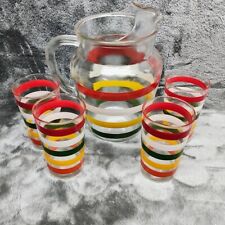 1950s Vintage Anchor Hocking Glass Pitcher Set Fiesta Bands Four Glasses picture