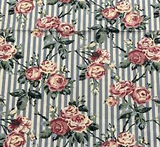 Vintage Square 42” Cotton Tablecloth Pink Roses Blue Stripes Cottage Card Table picture