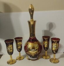 VTG BOHEMIAN ITALY RUBY GLASS w GOLD & HAND PAINTED FLOWERS DECANTER & GLASSES picture