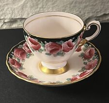 VINTAGE ~ TUSCAN CABBAGE 🌹 ROSE  BLACK GOLD PINK CUP & SAUCER MADE IN ENGLAND picture