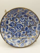Asian Hand painted Blue and metallic Gold encased in Brass Dish Marked Overjoy picture