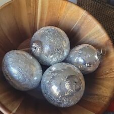 Set Of 4 Vntge Silver Crackle Round/Oval Heavy Glass Kugel Style Xmas Ornaments picture