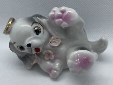 Vintage Japan Chin Pekingese Ceramic Dog Figurine - Angel Halo - Pink Flower  picture