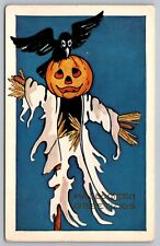 Postcard Whitney Halloween Pumpkin Scarecrow Crow On Jack O' Lantern Head Hay picture