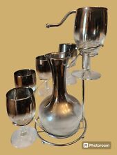 MCM Silver Fade Dorothy Thorpe Decanter & Wine Glass Set on Spiral Stand 1960's picture