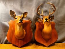 1947 Vintage Orn A Craft Faux Deer Wall Mounts Set of 2 Doe & Buck Heads Antique picture
