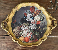 Vintage Italian Florentine Wooden Tole Tray Floral Design Ornate Gold Gilt Round picture