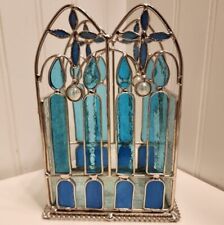 Handmade Art Noveau Artisan Stained Glass Candle Holder Crosses Blue picture