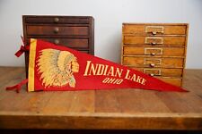 Vintage Indian Lake Ohio felt pennant school banner sign flag red headdress old picture